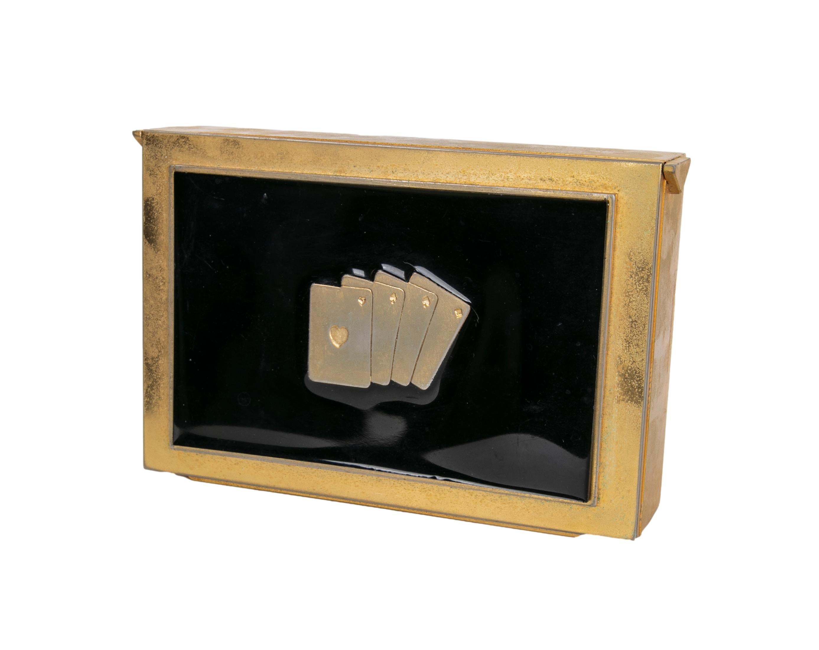 Gold Metal and Wooden Card Box for Poker Cards For Sale 5