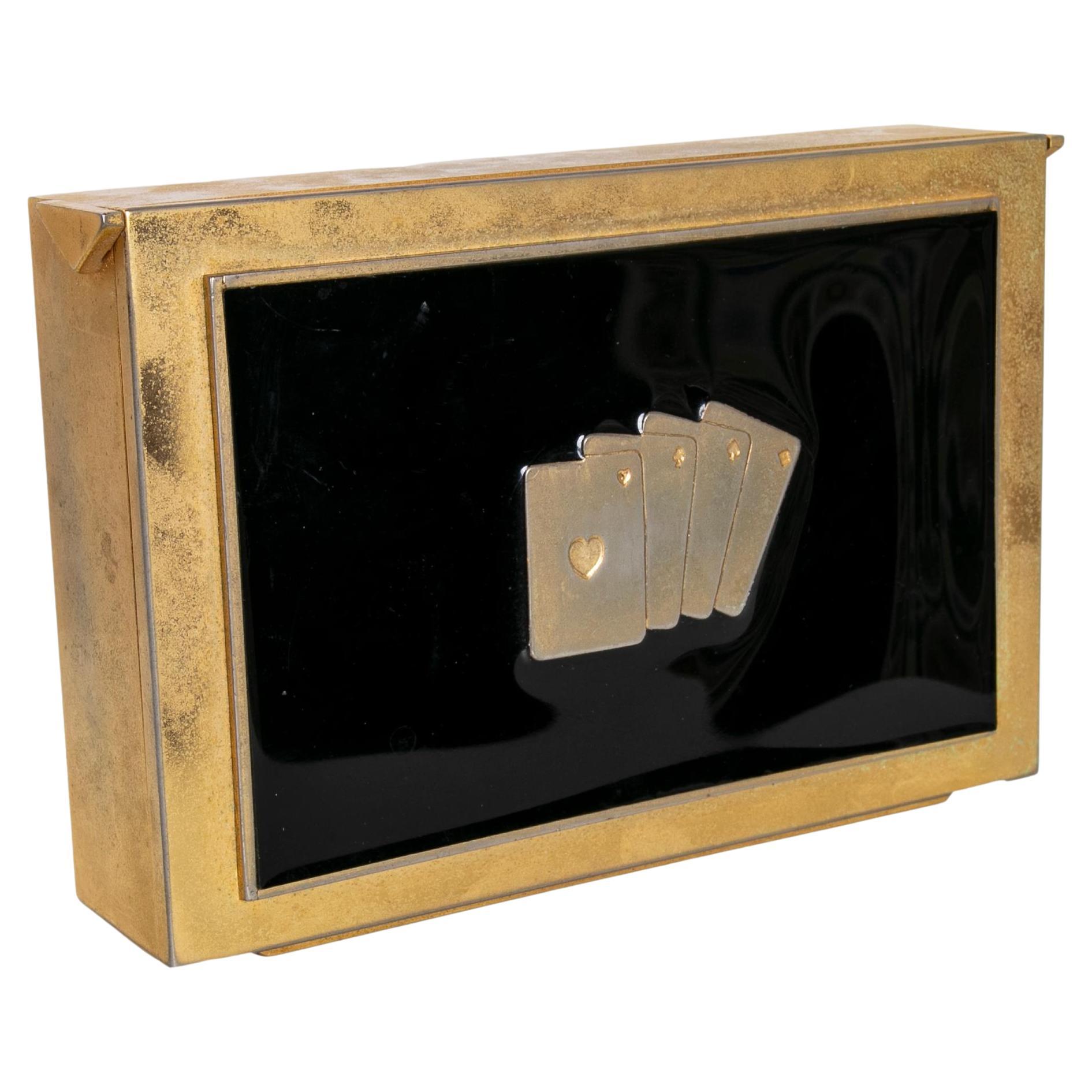 Gold Metal and Wooden Card Box for Poker Cards For Sale