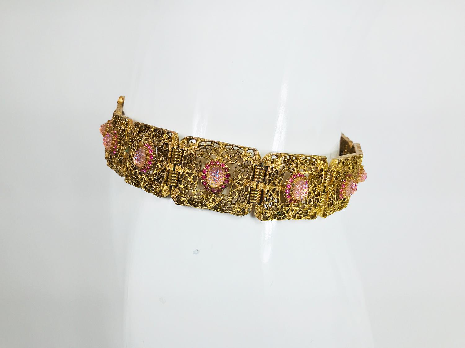 Brown Gold Metal Filigree Link Belt Pink Textured Glass and Rhinestones `1960s