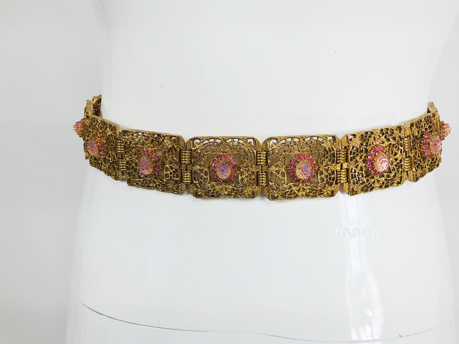 Gold Metal Filigree Link Belt Pink Textured Glass and Rhinestones `1960s In Good Condition In West Palm Beach, FL