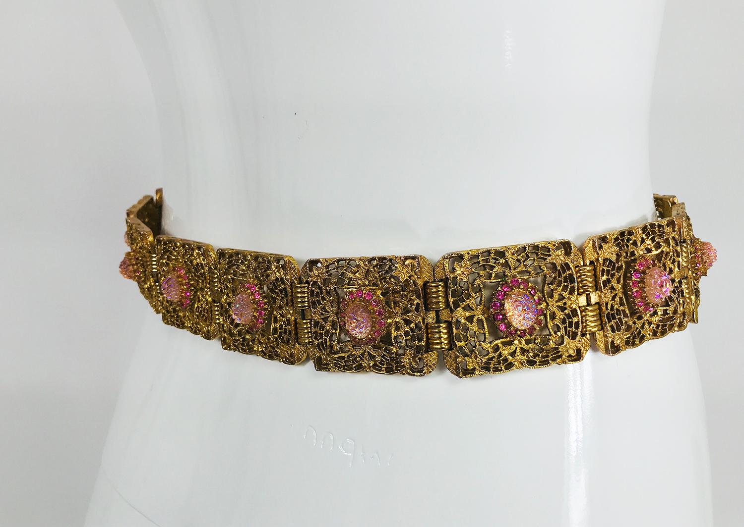 Women's Gold Metal Filigree Link Belt Pink Textured Glass and Rhinestones `1960s
