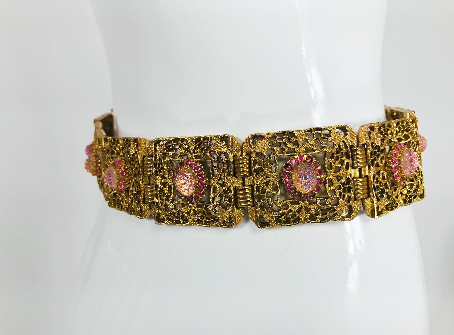 Gold Metal Filigree Link Belt Pink Textured Glass and Rhinestones `1960s 1