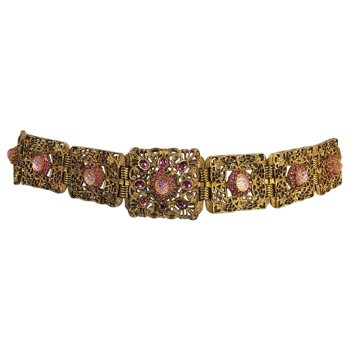 Gold Metal Filigree Link Belt Pink Textured Glass and Rhinestones `1960s
