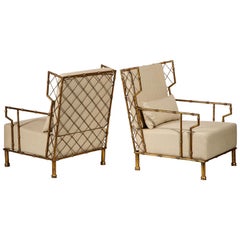 Gold Metal Lattice Pair, Lounge Chairs, France
