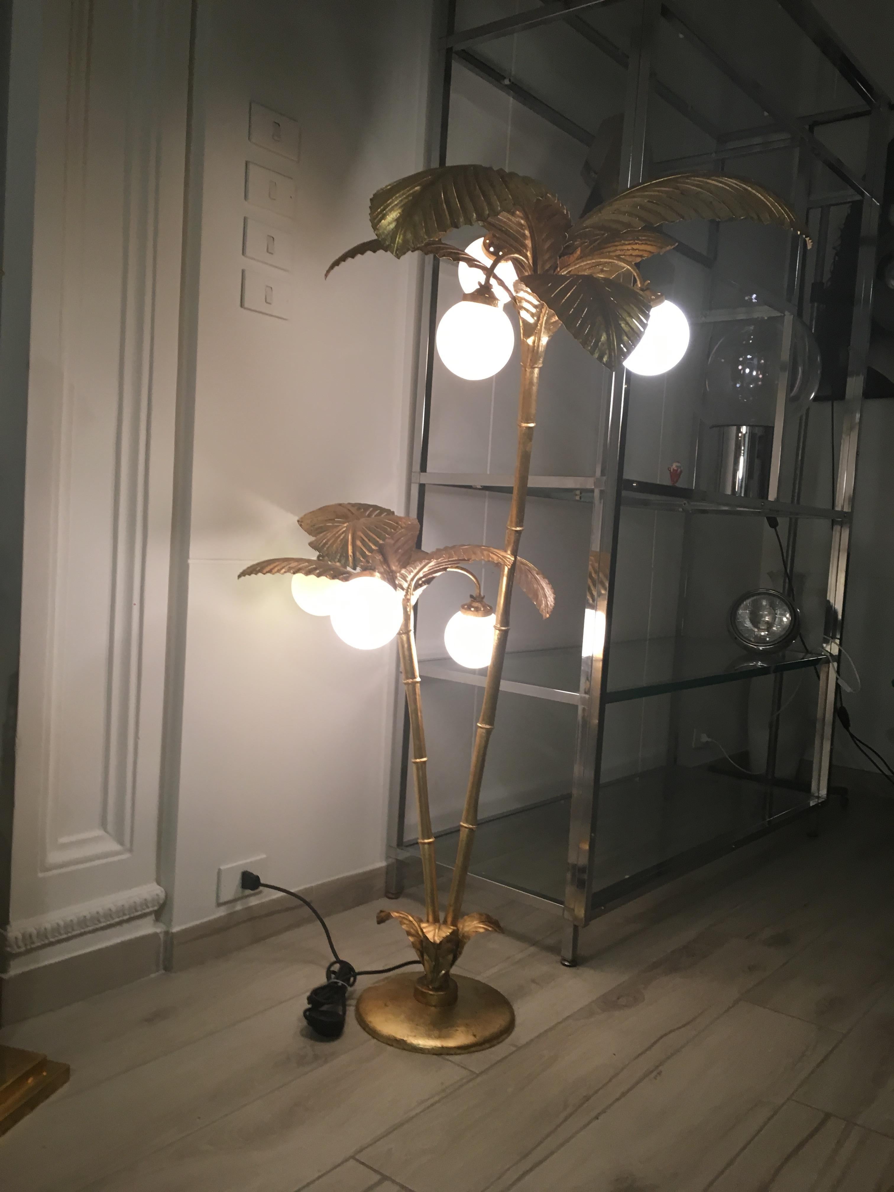 Art Deco Gold Metal Palm Tree Floor Lamp, Italy, 1970s