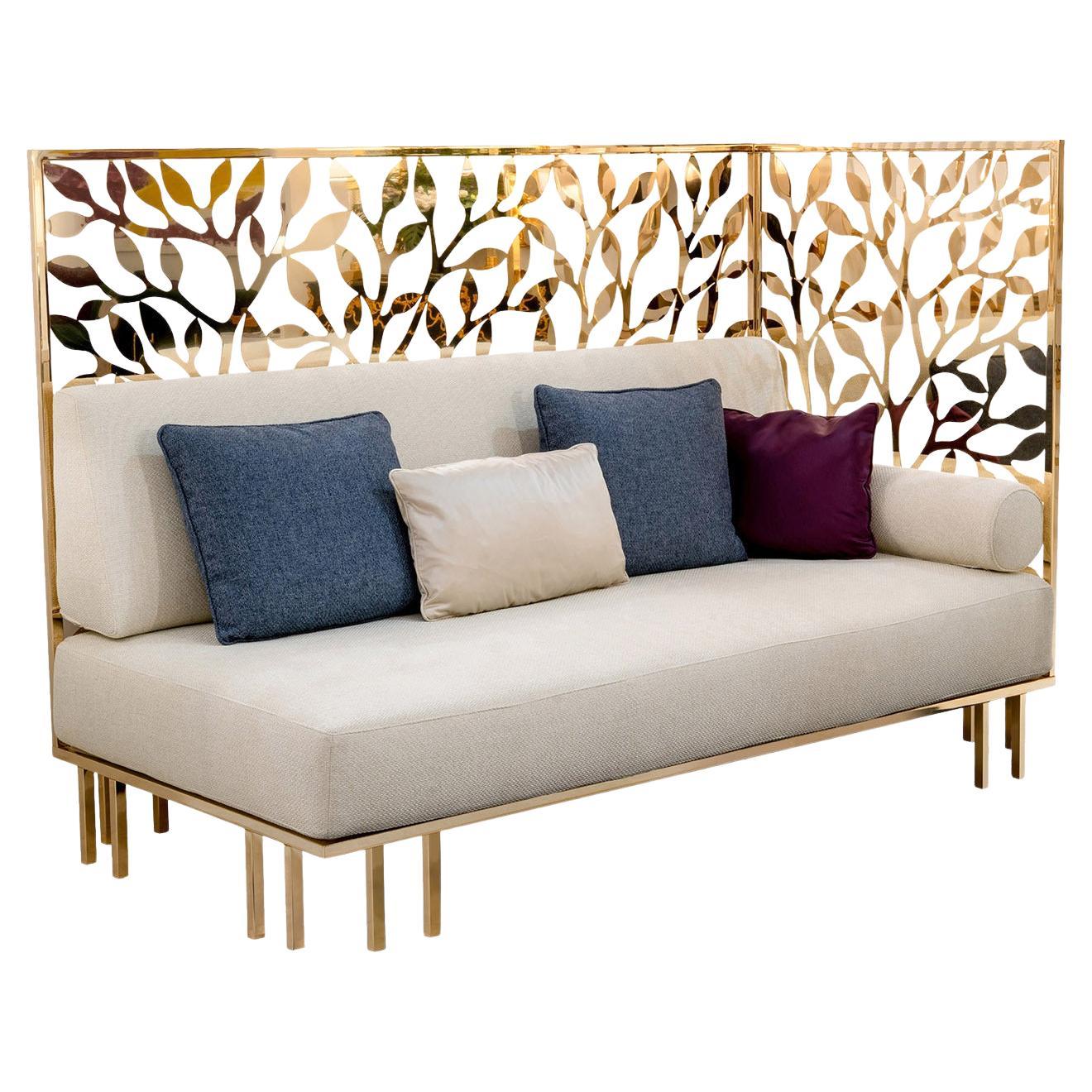Gold Metal Sofa with Sculptural Backrest For Sale