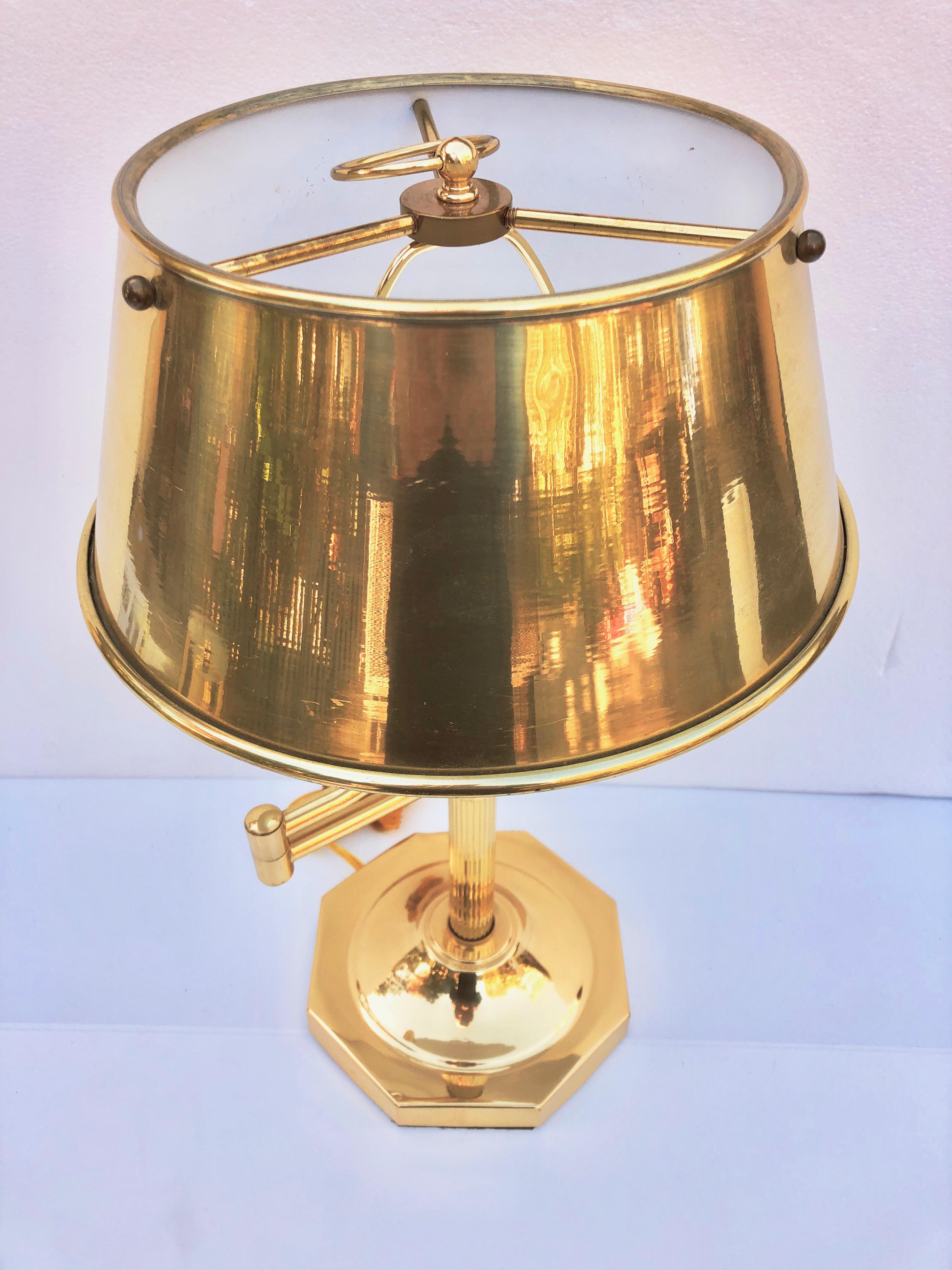 North American Gold Metal Table Lamp with Hinged Arm Extender and Extra Shade For Sale
