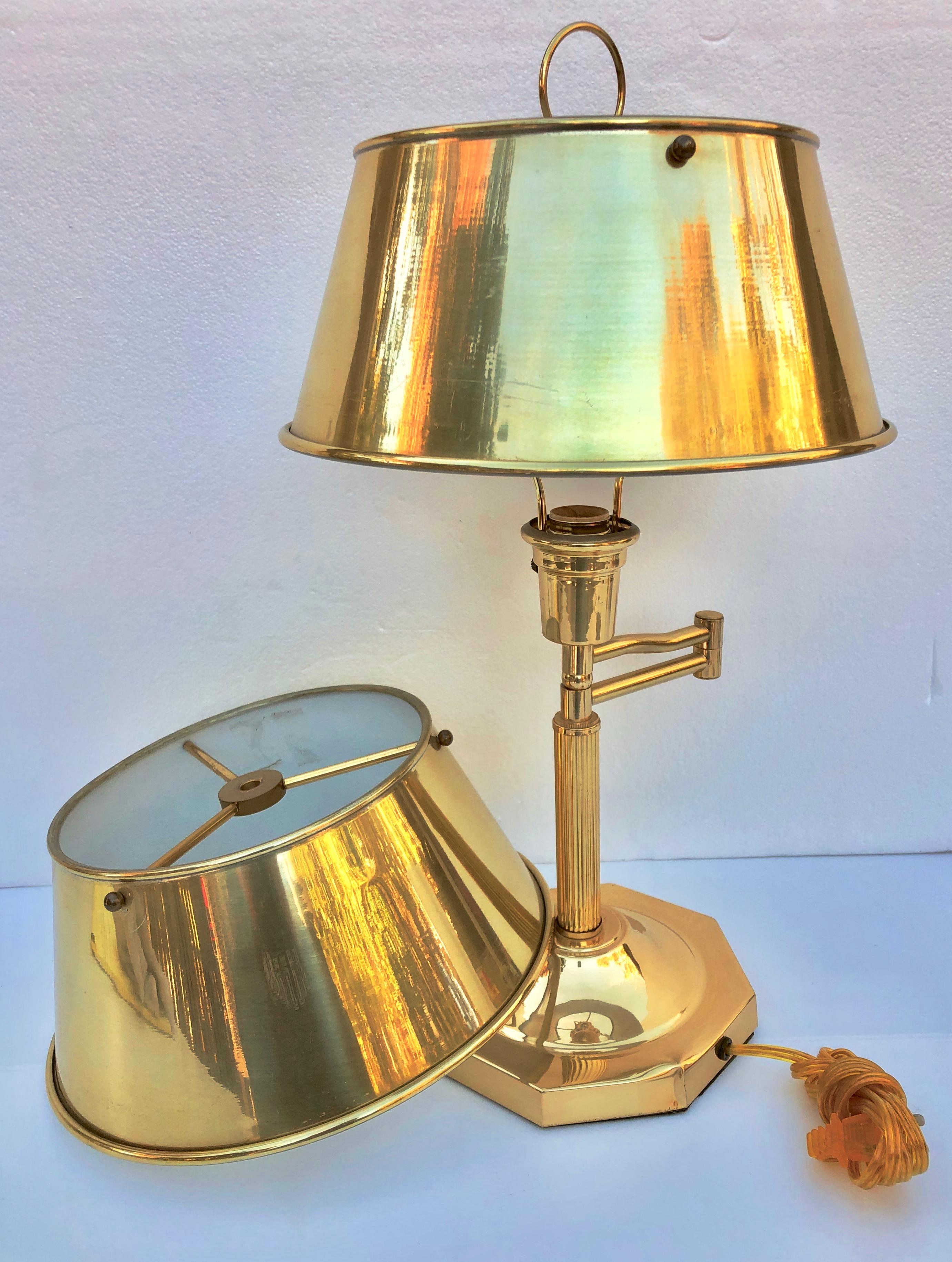 20th Century Gold Metal Table Lamp with Hinged Arm Extender and Extra Shade For Sale