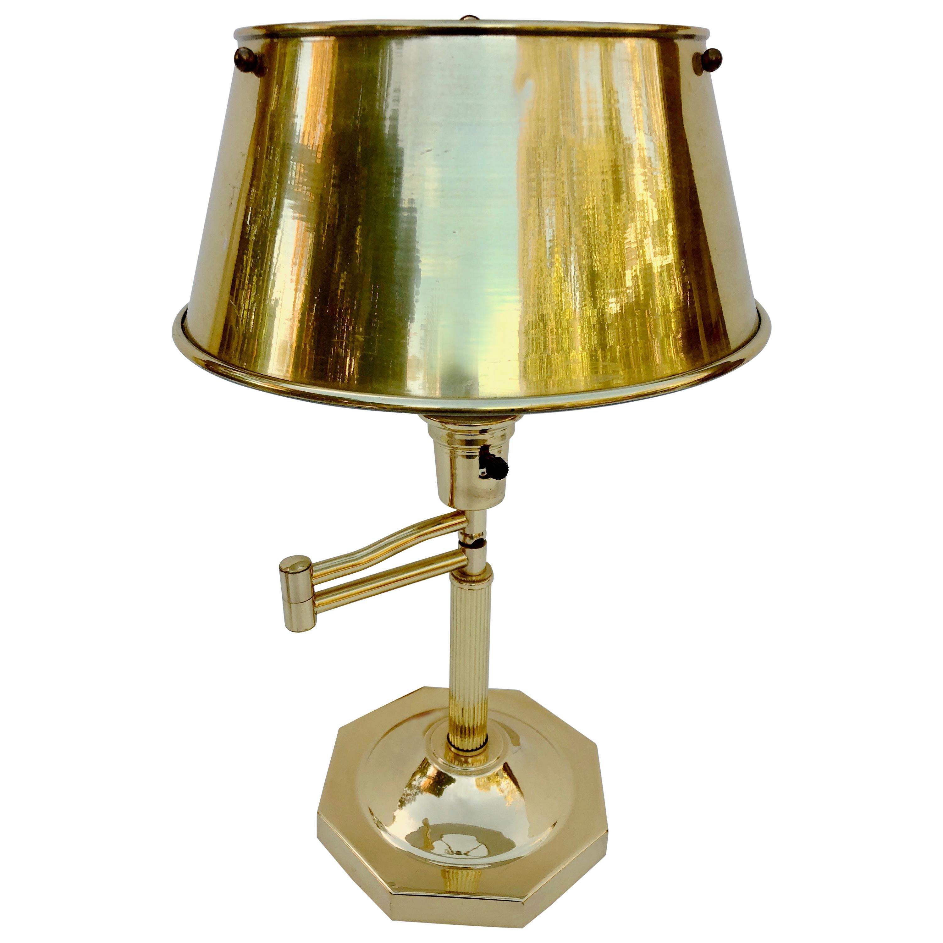 Gold Metal Table Lamp with Hinged Arm Extender and Extra Shade For Sale