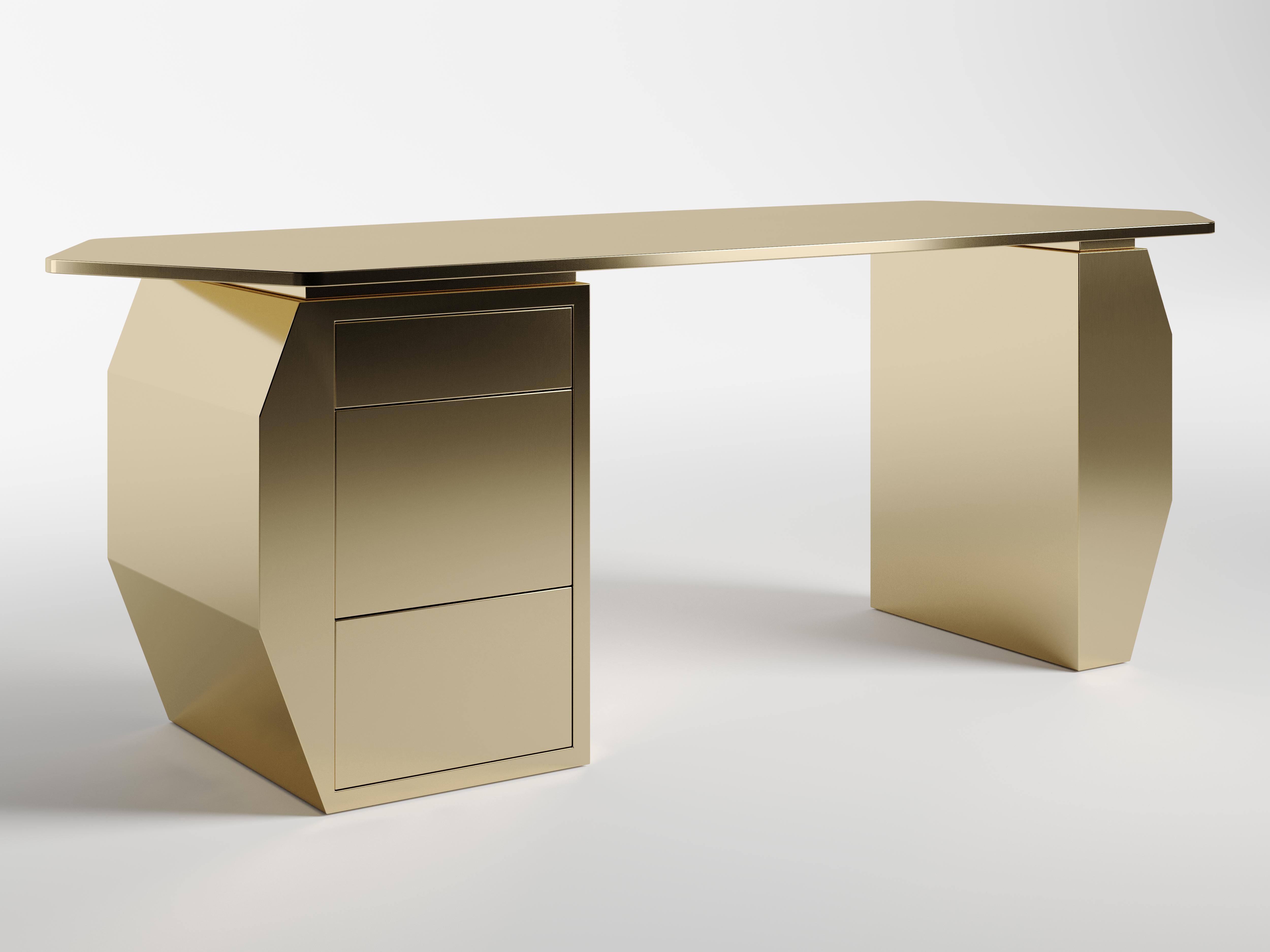 Gold Metal Y Desk by KY ARCHITECTURE
Dimensions: W 208 x D 75 x H 75 cm
Materials: Gold Metal. 
Available Finishes : Marble or Metal. 

Kelly Boukobza is the founder of KY Architecture.
Passionate about architecture since her early days, she felt