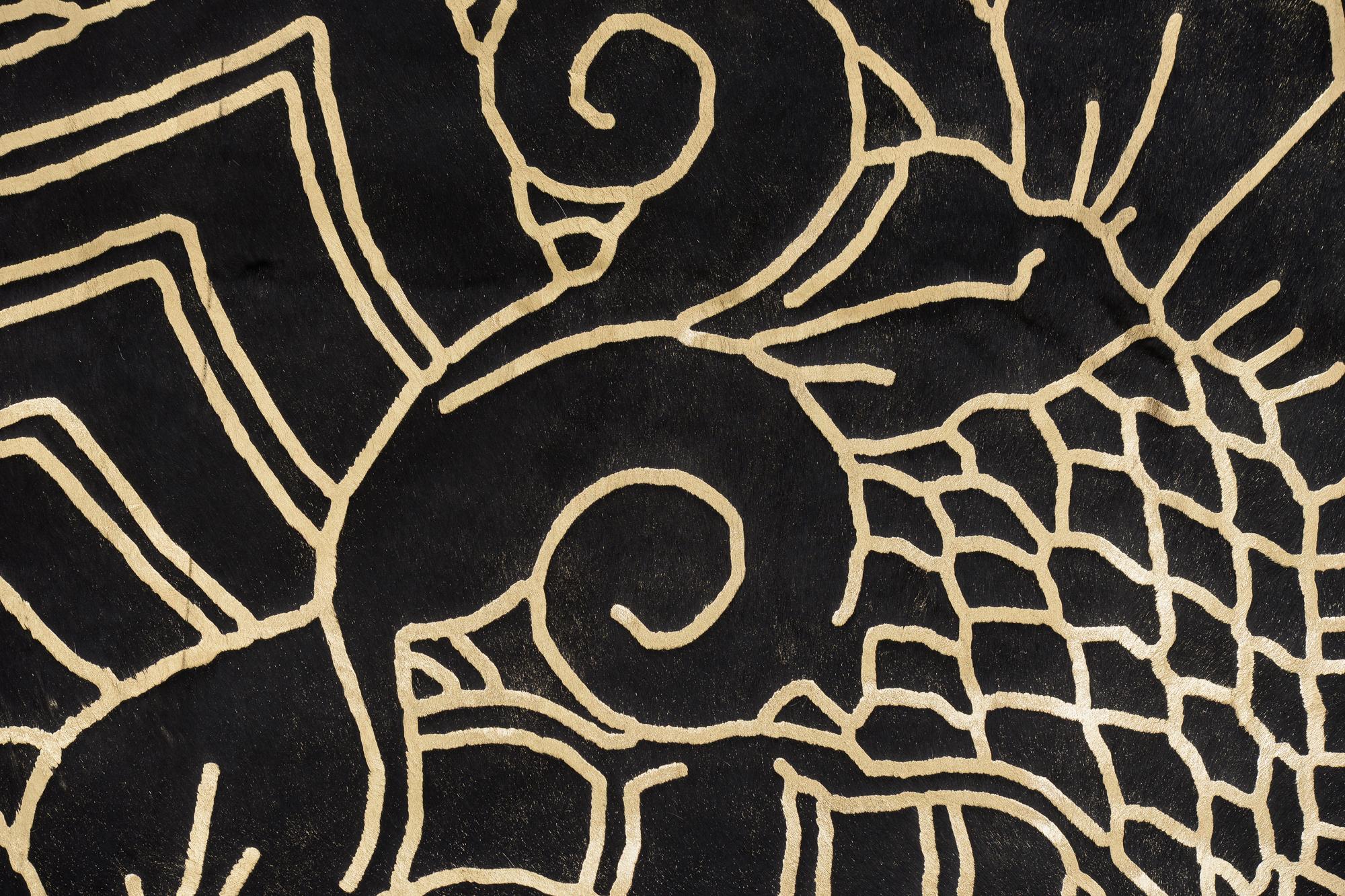 Indonesian Gold Metallic Boho Batik Pattern Black Cowhide Rug, Large For Sale