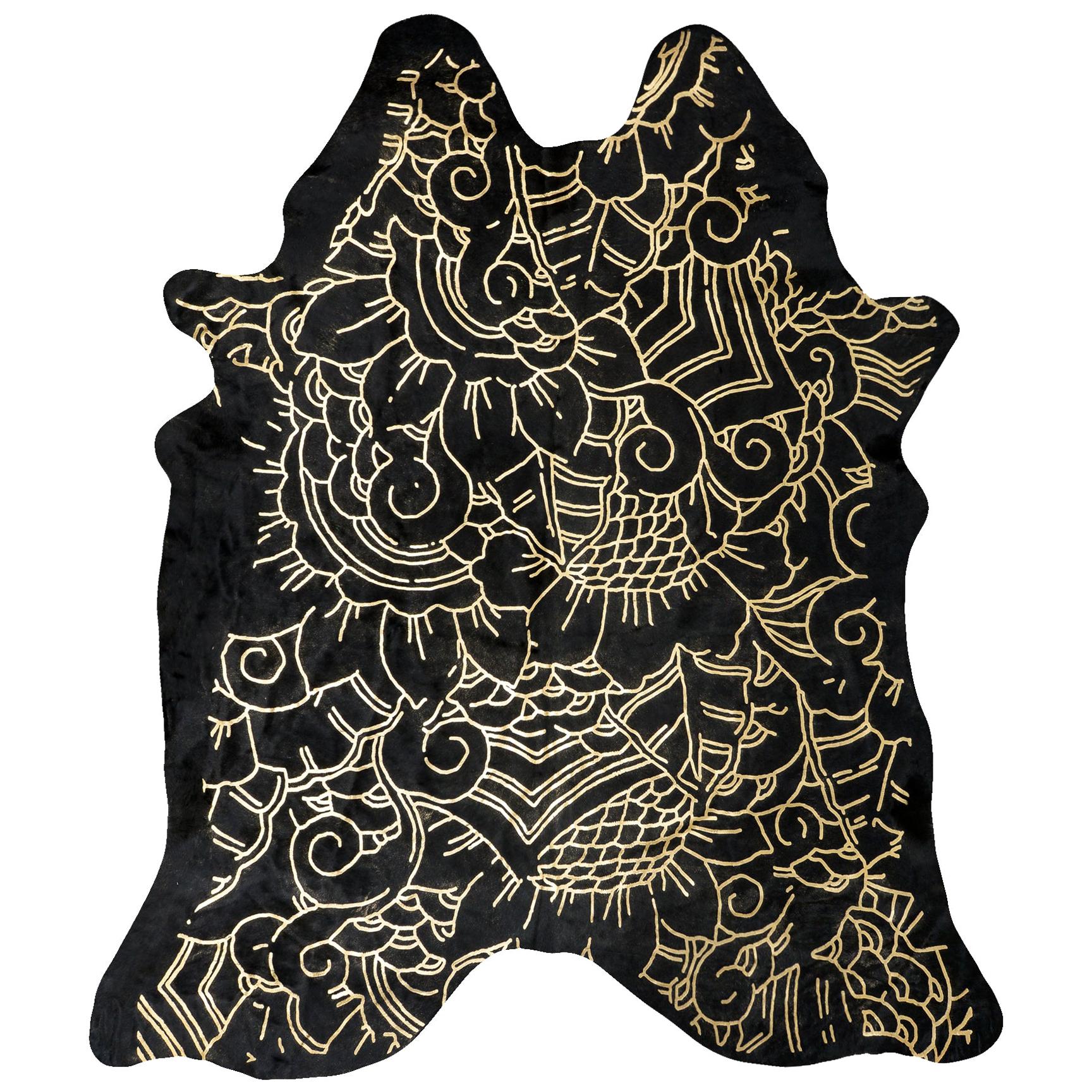 Gold Metallic Boho Batik Pattern Black Cowhide Rug, Medium For Sale