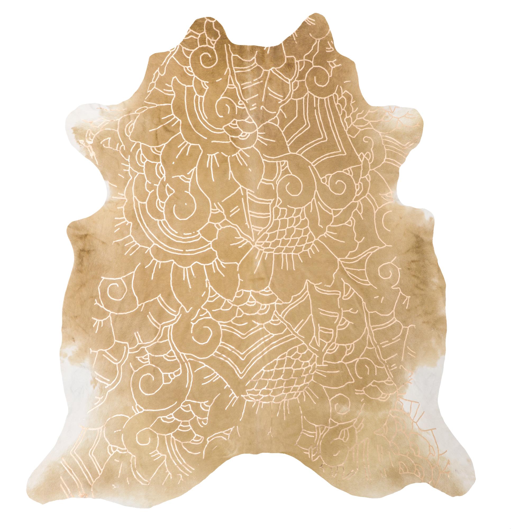 Indonesian Gold Metallic Boho Batik Pattern Caramel Cowhide Rug, Medium For Sale