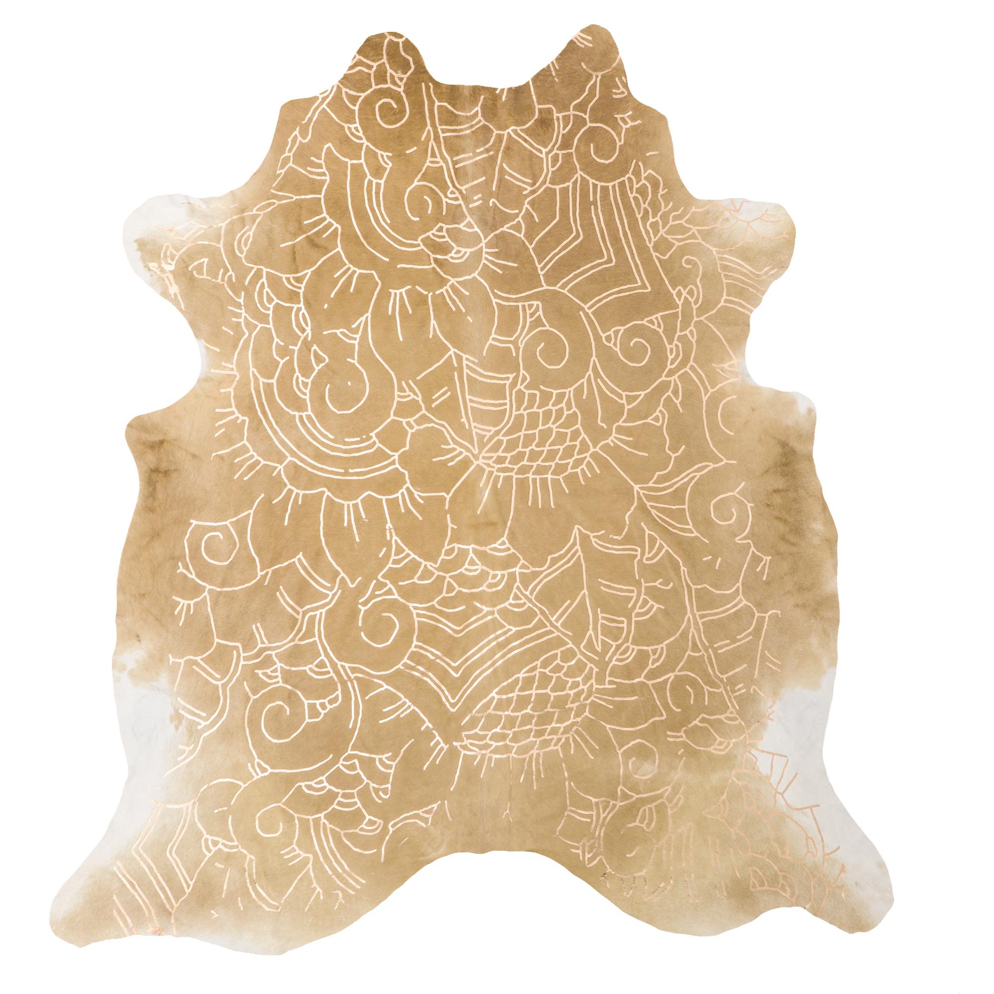 Gold Metallic Boho Batik Muster Karamell Kuhfellteppich:: Medium (Indonesisch) im Angebot