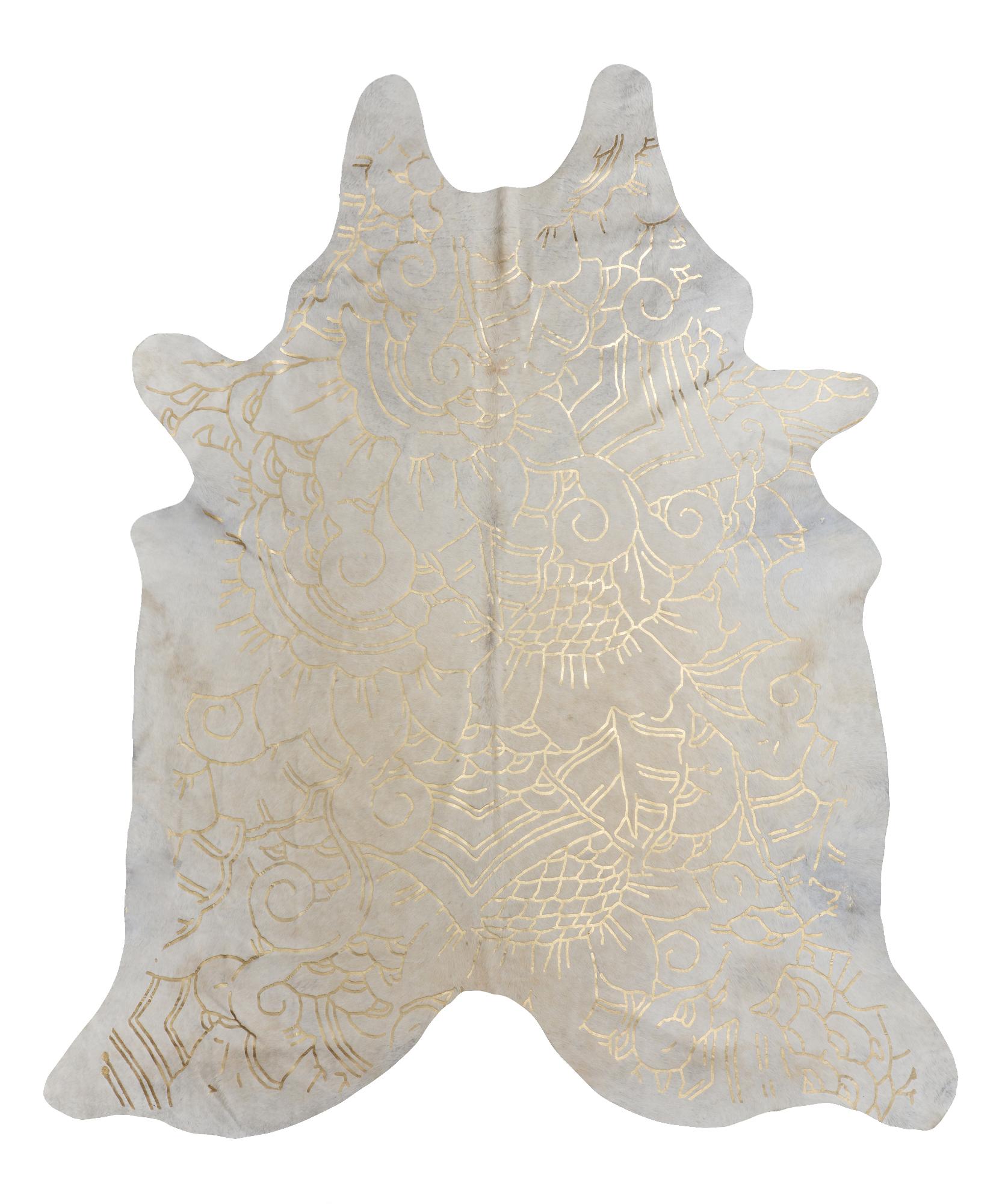 Contemporary Gold Metallic Boho Batik Pattern Cream Cowhide Rug, Large For Sale
