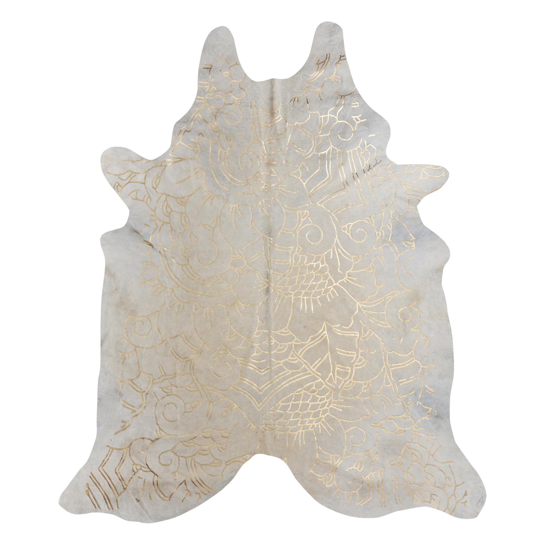 Gold Metallic Boho Batik Pattern Cream Cowhide Rug, Large For Sale