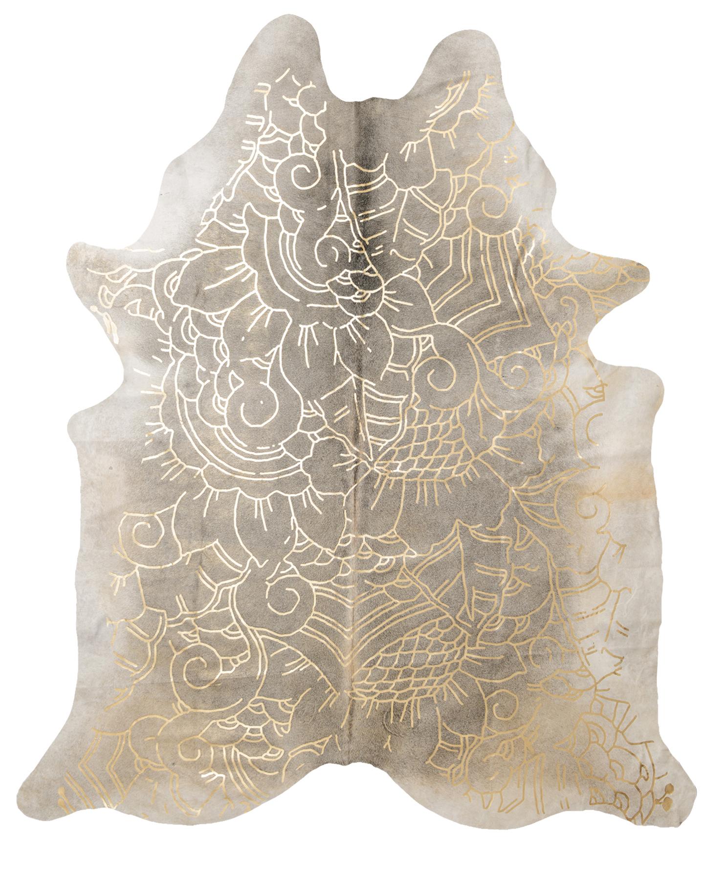Art Deco Gold Metallic Boho Batik Pattern Gray Cowhide Rug, Large For Sale