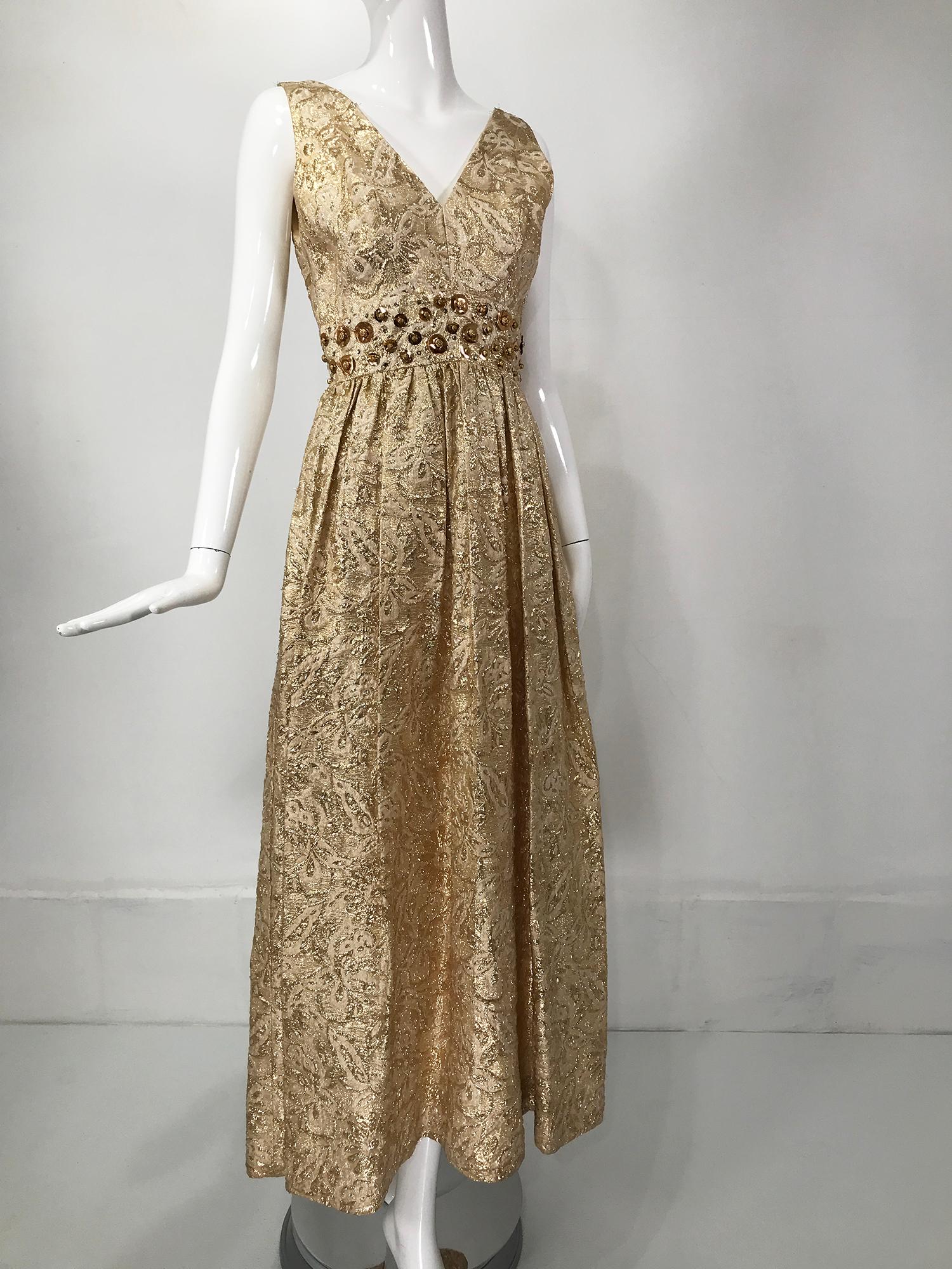Gold Metallic Brocade V Neck Empire Maxi Dress 1970s 5
