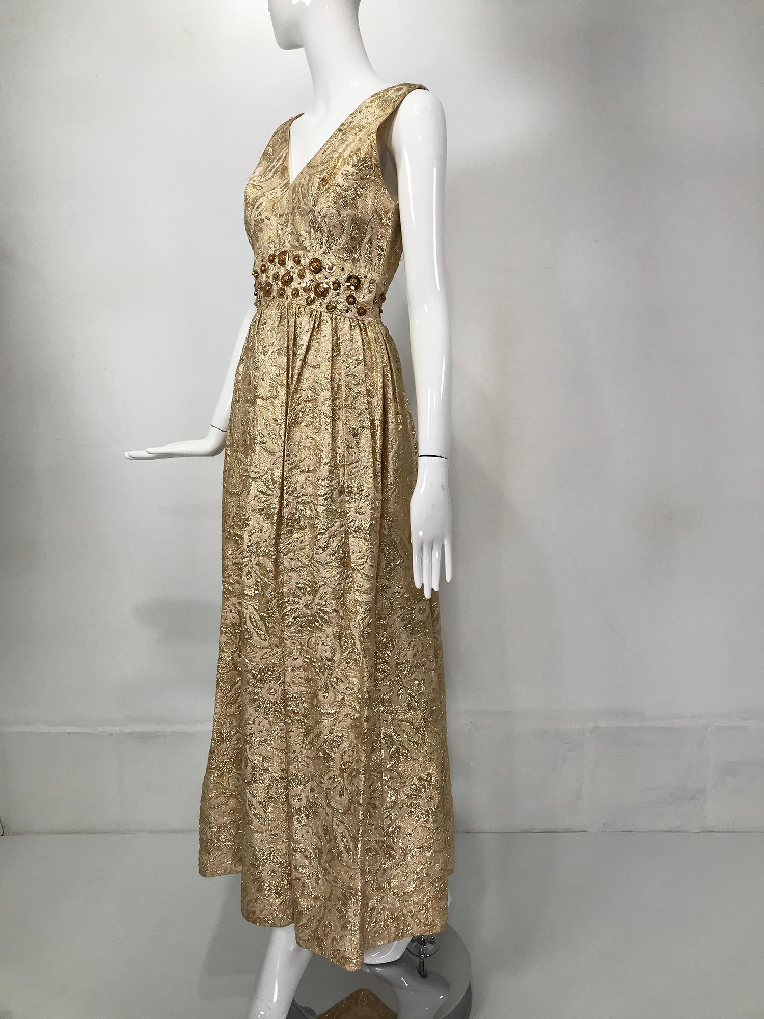 Brown Gold Metallic Brocade V Neck Empire Maxi Dress 1970s