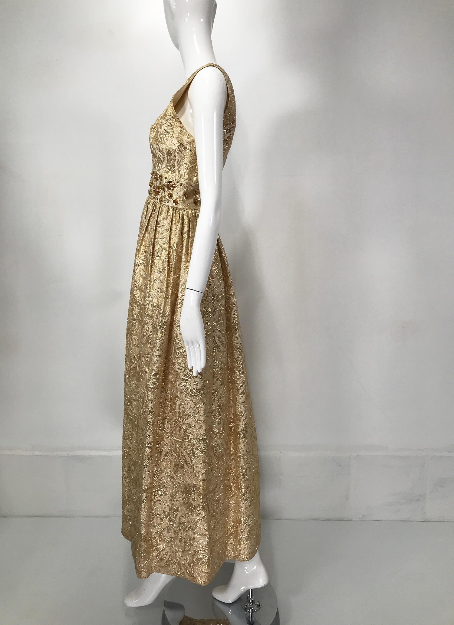 Gold Metallic Brocade V Neck Empire Maxi Dress 1970s In Good Condition In West Palm Beach, FL