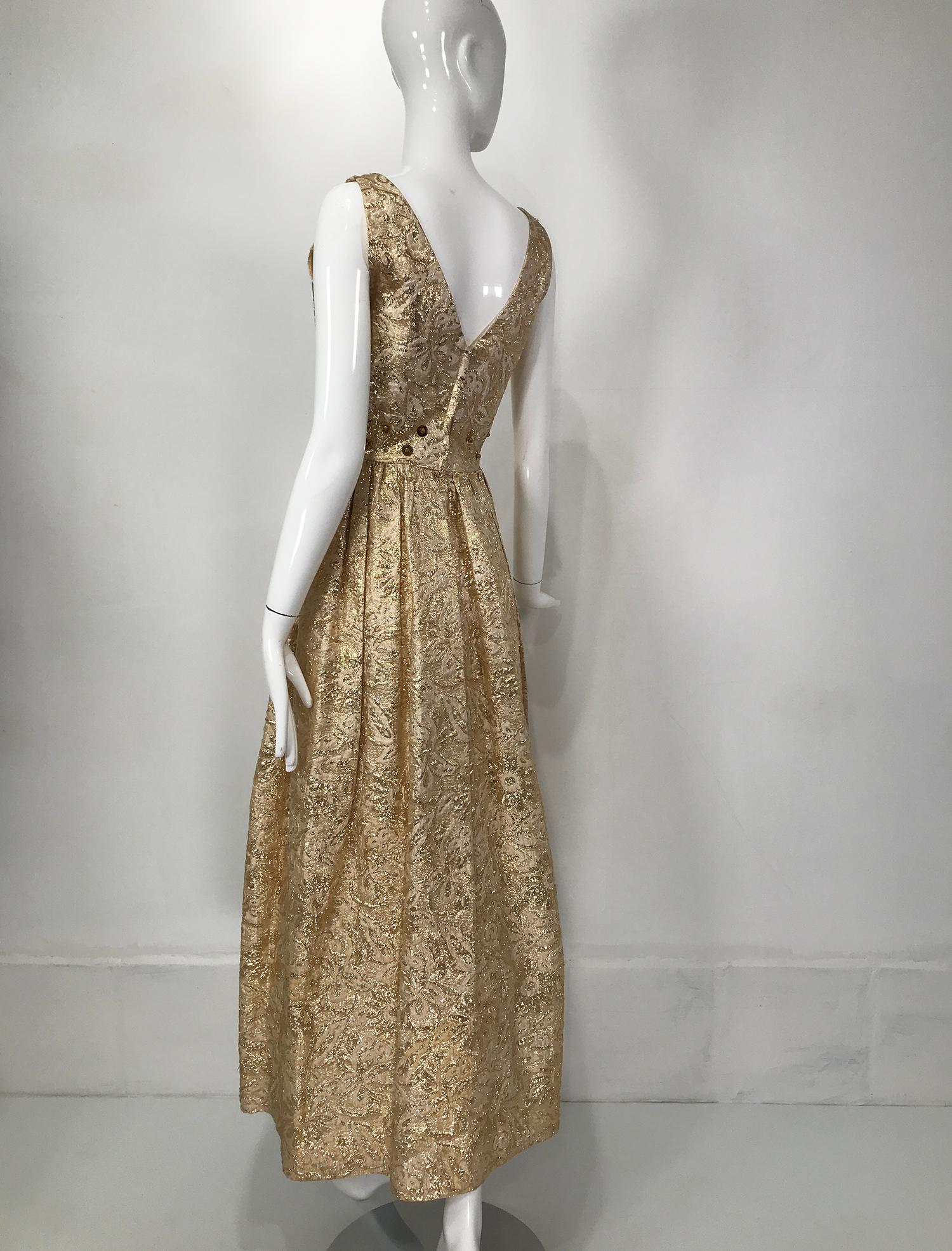 Women's Gold Metallic Brocade V Neck Empire Maxi Dress 1970s