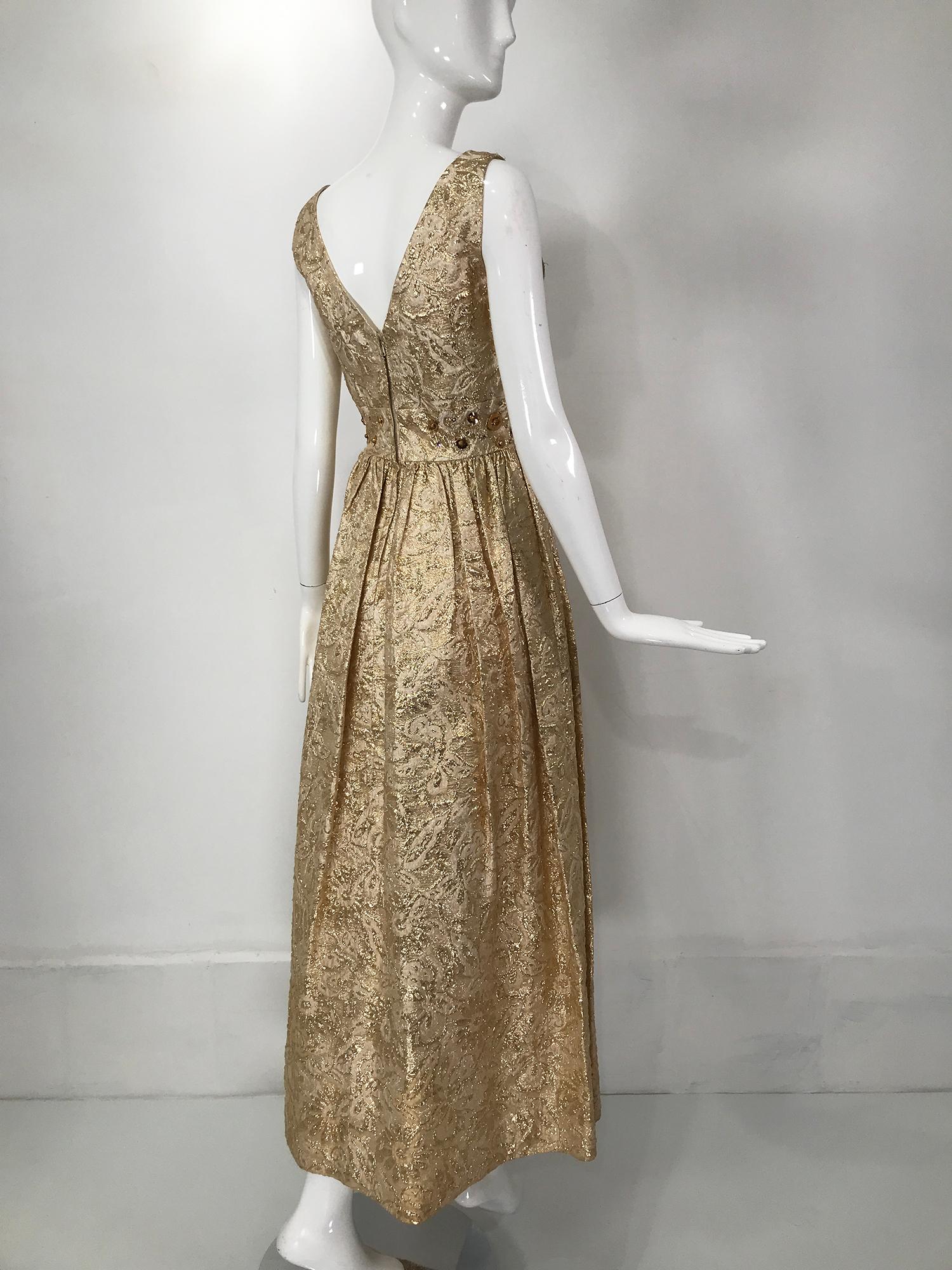 Gold Metallic Brocade V Neck Empire Maxi Dress 1970s 2