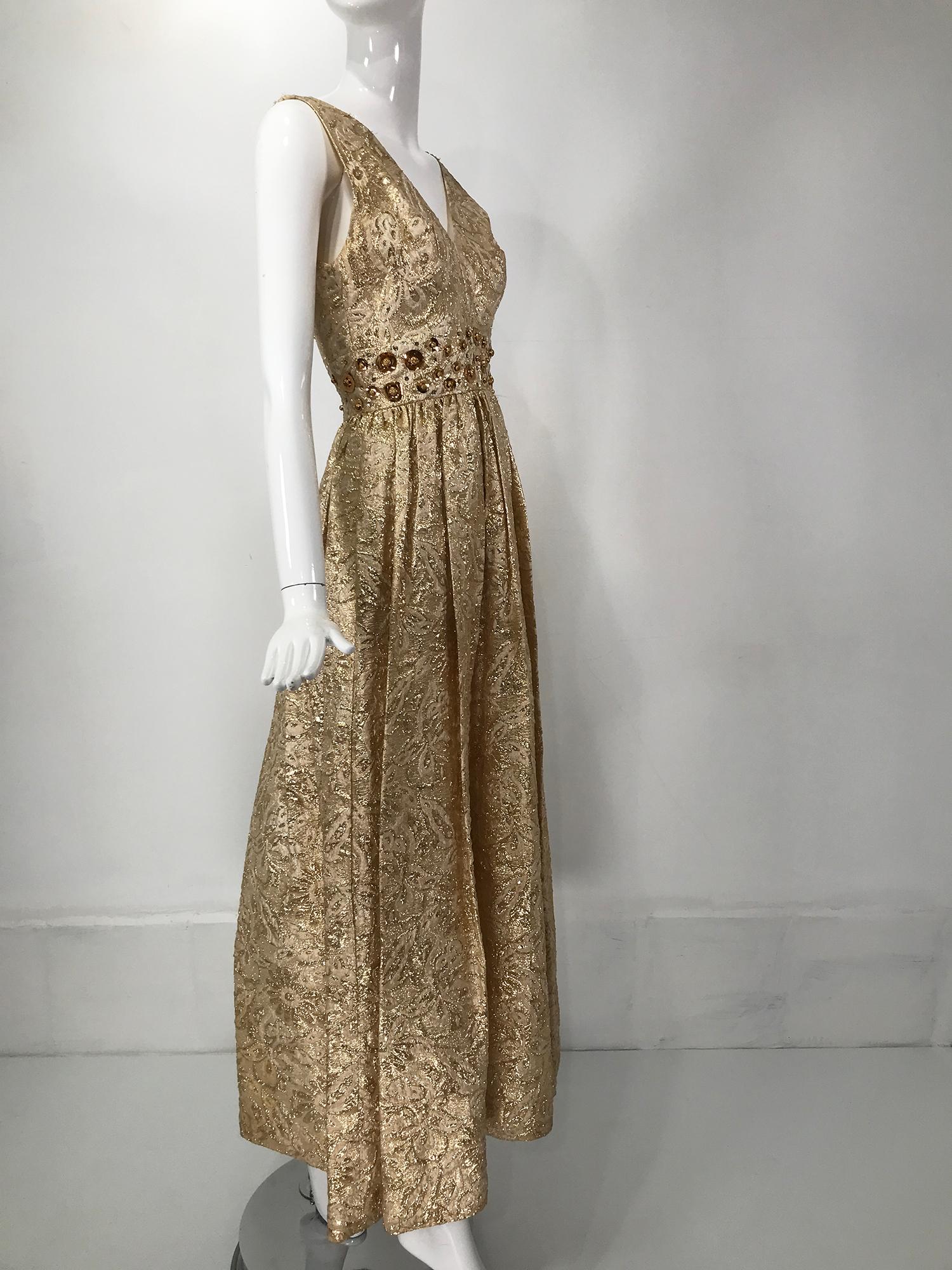 Gold Metallic Brocade V Neck Empire Maxi Dress 1970s 4