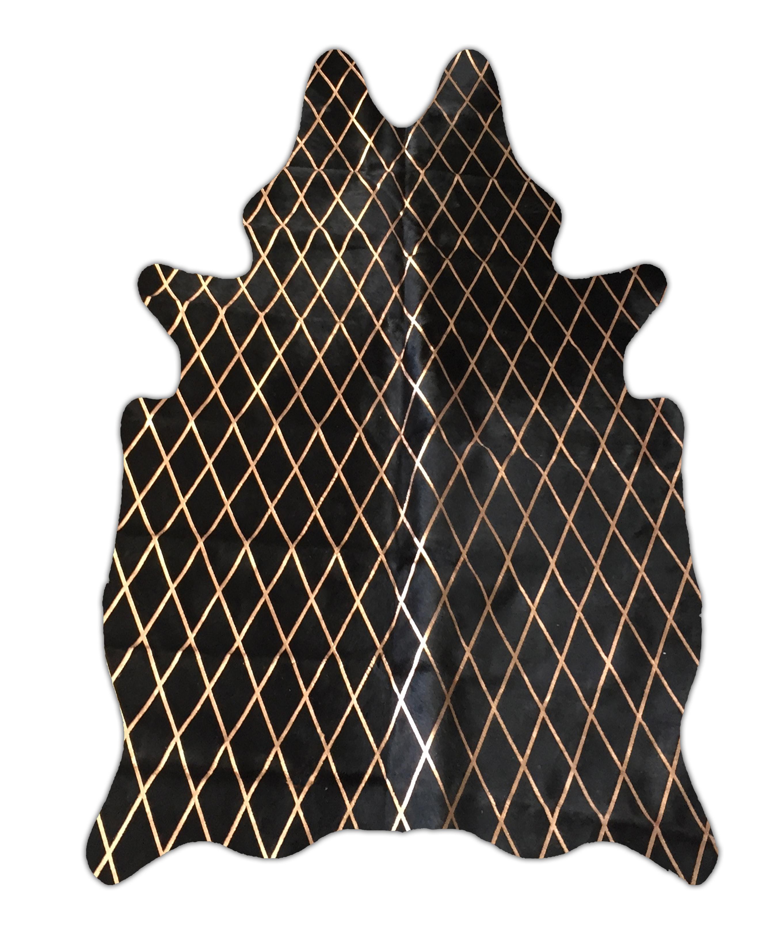 Gold Metallic Diamond Pattern Black Cowhide Rug, Large For Sale 9