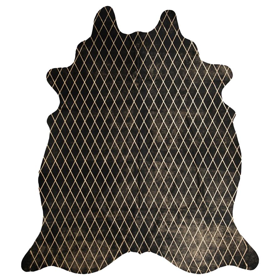 Gold Metallic Diamond Pattern Black Cowhide Rug, Large For Sale