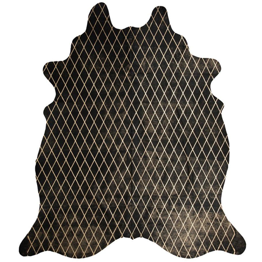 Gold Metallic Diamond Pattern Black Cowhide Rug, Medium