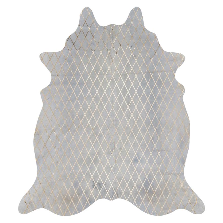 Alfombra de piel de vaca color crema con diseño de diamantes metalizados dorados, grande