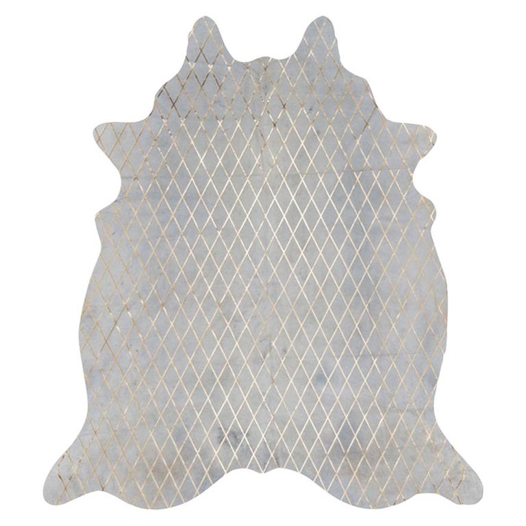 Gold Metallic Diamond Pattern Cream Cowhide Rug, Large For Sale at 1stDibs