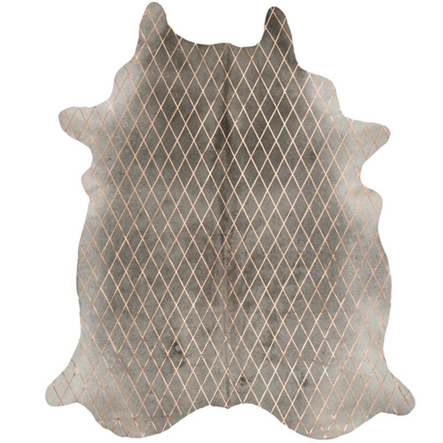 Alfombra de piel de vaca gris con diseño de diamantes metalizados dorados, grande Art Decó en venta