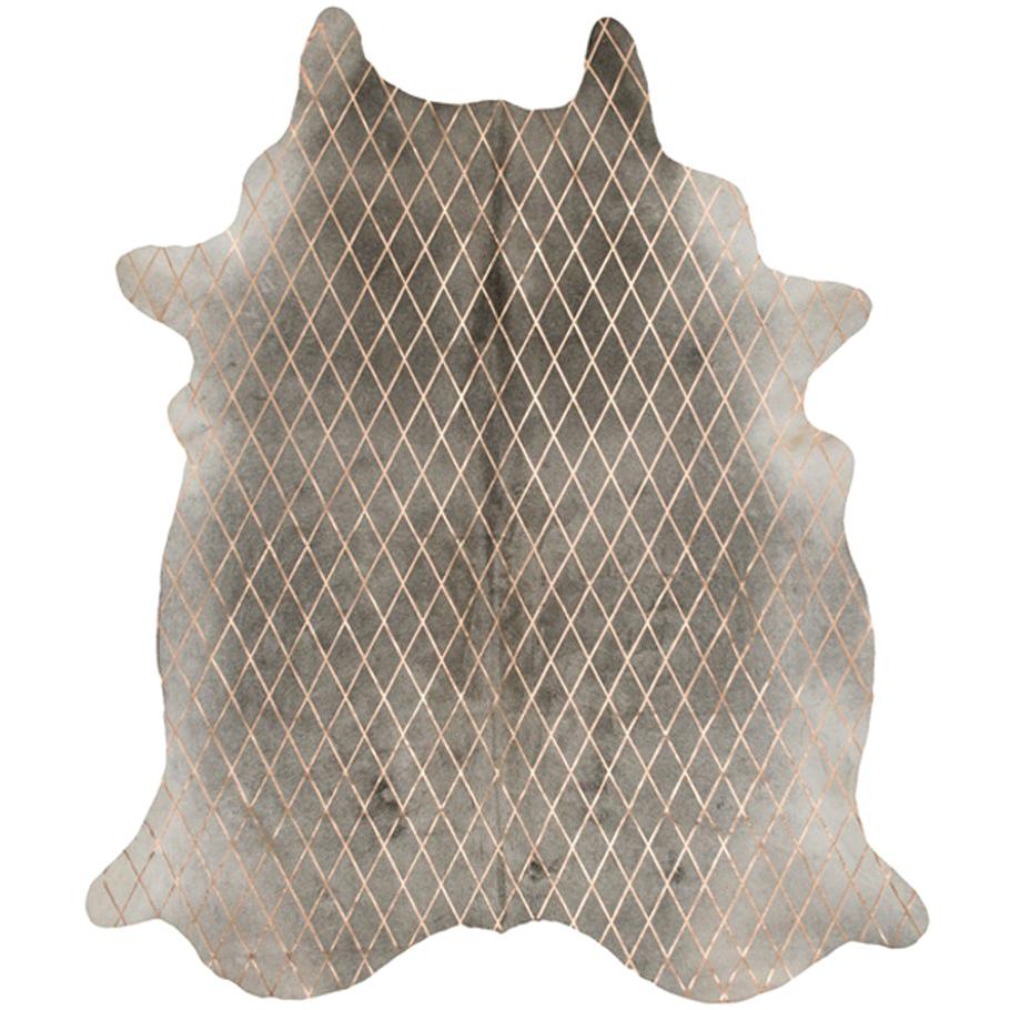 Gold Metallic Diamond Pattern Gray Cowhide Rug, Large