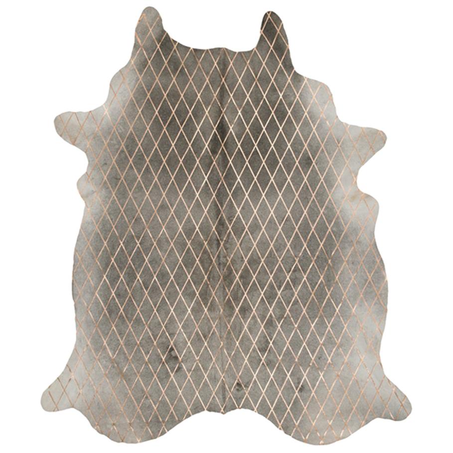 Gold Metallic Diamond Pattern Gray Cowhide Rug, Medium