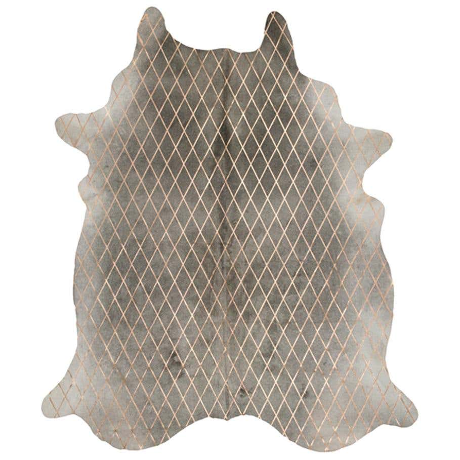 Gold Metallic Diamond Pattern Gray Cowhide Rug, Medium For Sale at 1stDibs