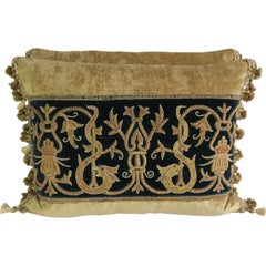 Gold Metallic Embroidered Linen Velvet Pillows, Pair