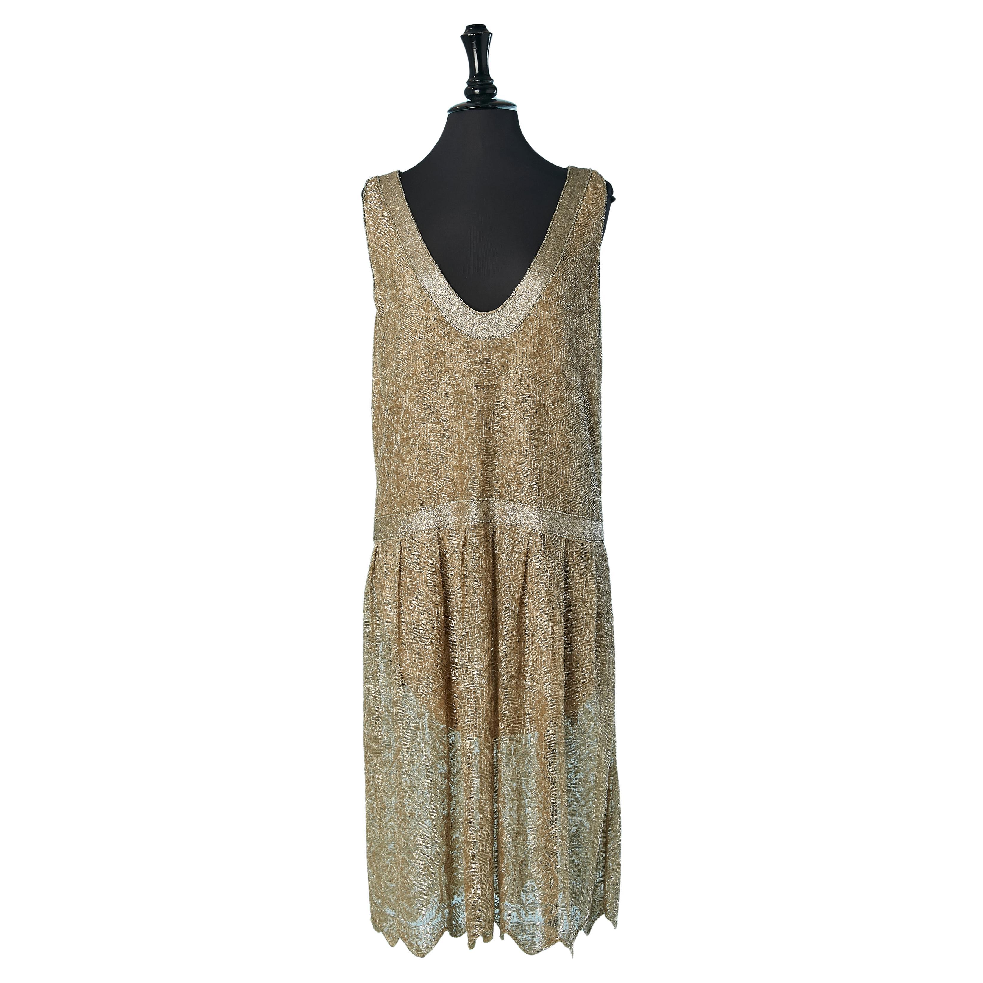 Gold metallic lace, beads and rhinestone cocktail dress RALPH LAUREN en vente