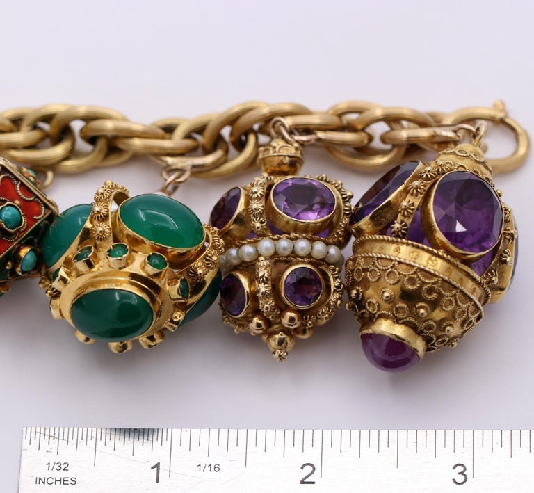 Gold Midcentury Charm Bracelet with Enamel and Assorted Stones at 1stDibs
