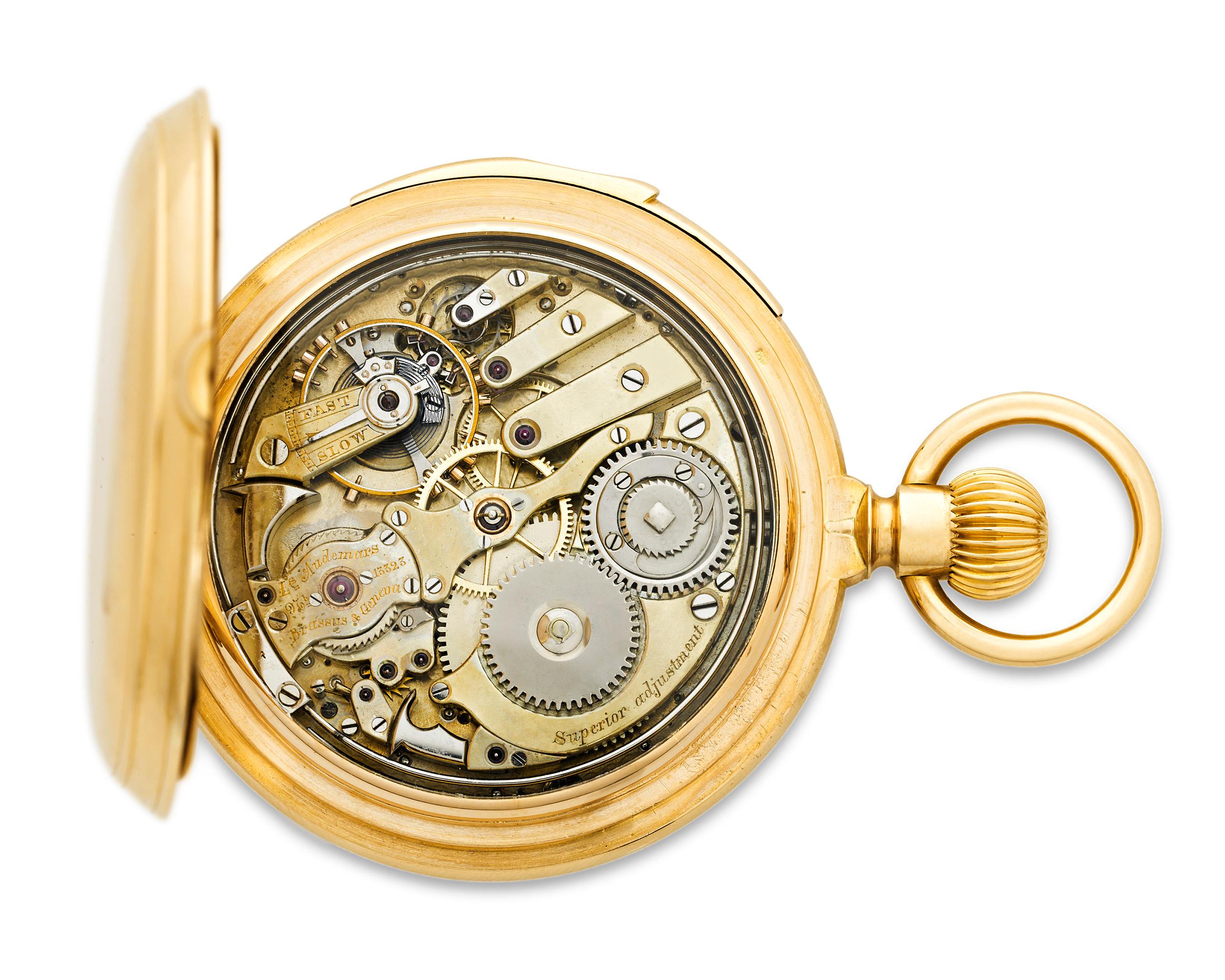 This handsome 18K yellow gold pocket watch was created by Audemars Piguet of Le Brassus, Switzerland, a firm considered to be the leader in 