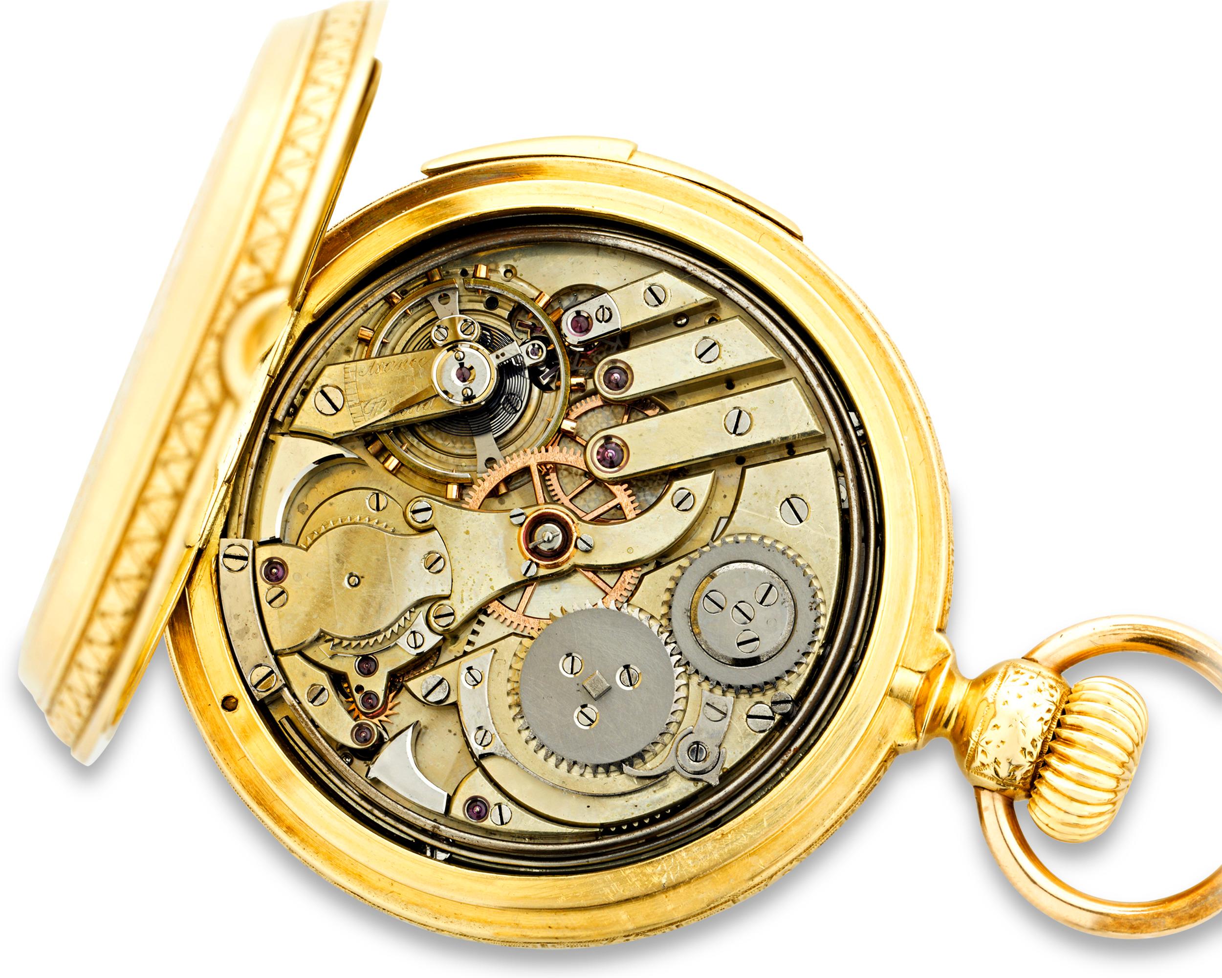 This handsome gold pocket watch by D. Borgeat, Geneva is an exemplary specimen of superior Swiss workmanship. Ornately engraved 18K yellow gold encases the timepiece, which tells the time on a silver dial engraved with elaborate gilt decoration in a