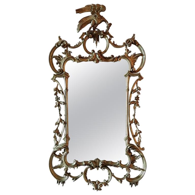 Giltwood Mirror Decorated with Scrolls and a Phoenix Finial, 20th Century