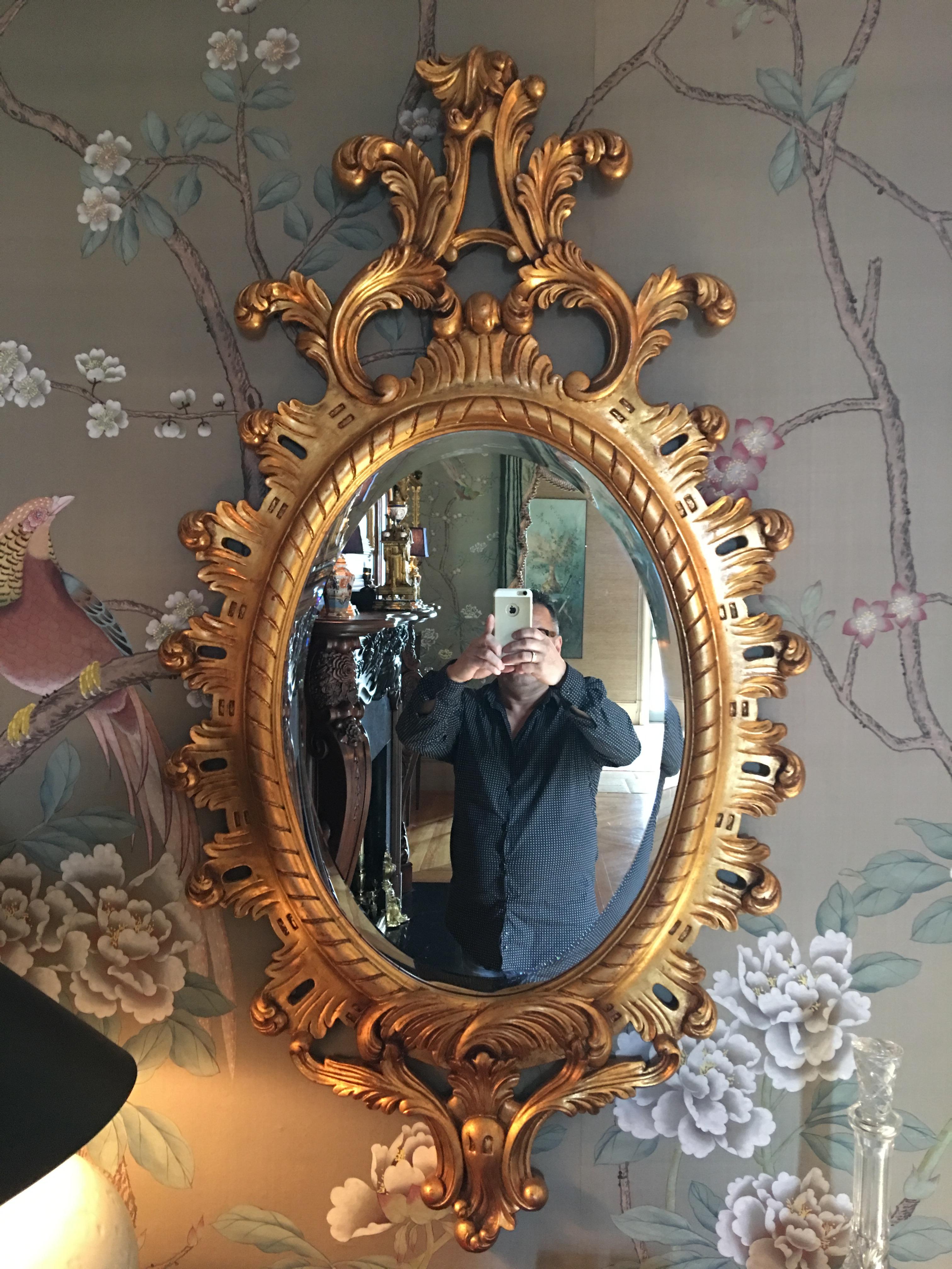 giltwood-Spiegel aus dem 20. Jahrhundert mit einer Prince-of-Wales-Feder.
       
