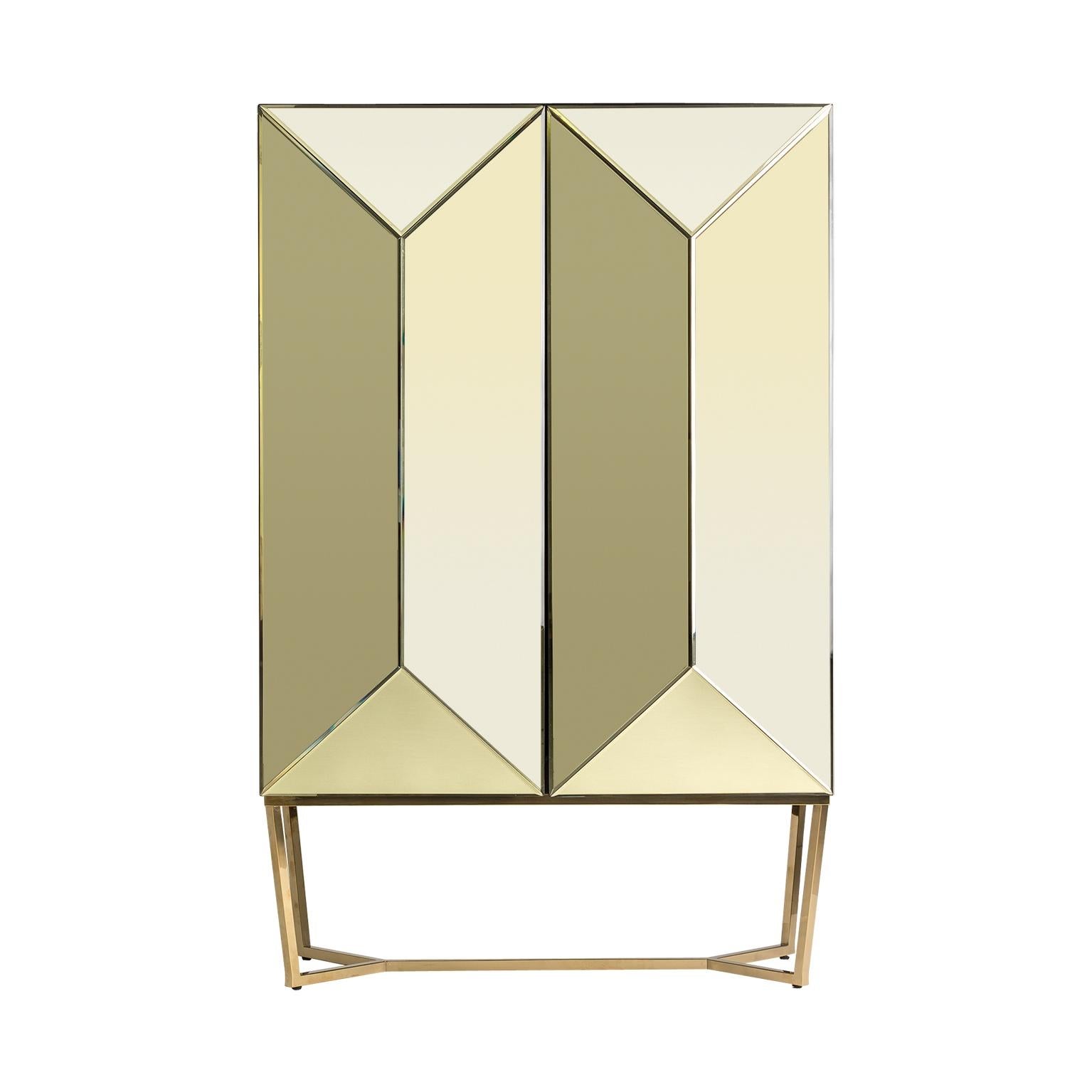 Sparkling and sophisticated gold mirror cabinet with gold metal feet.