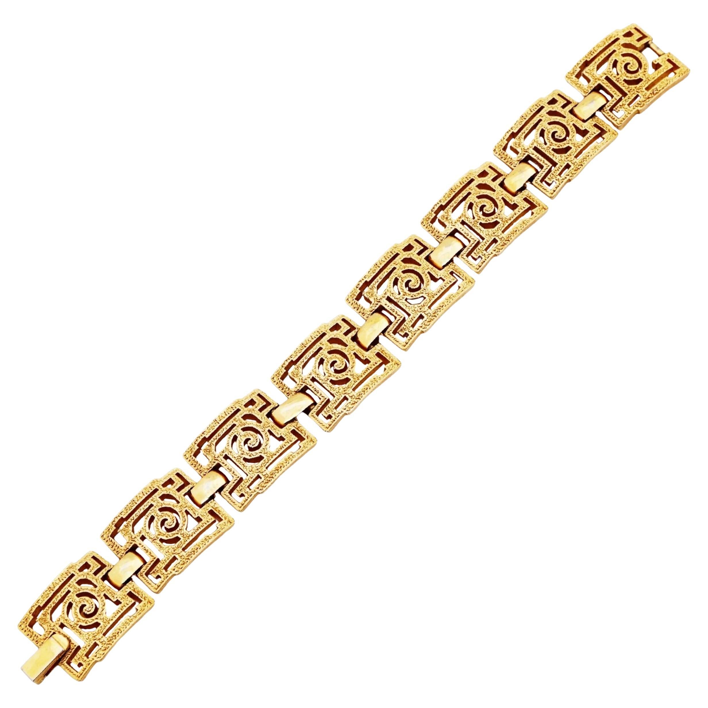 Gold Modernist Textured Swirl Panel Link Bracelet By Crown Trifari, 1960s