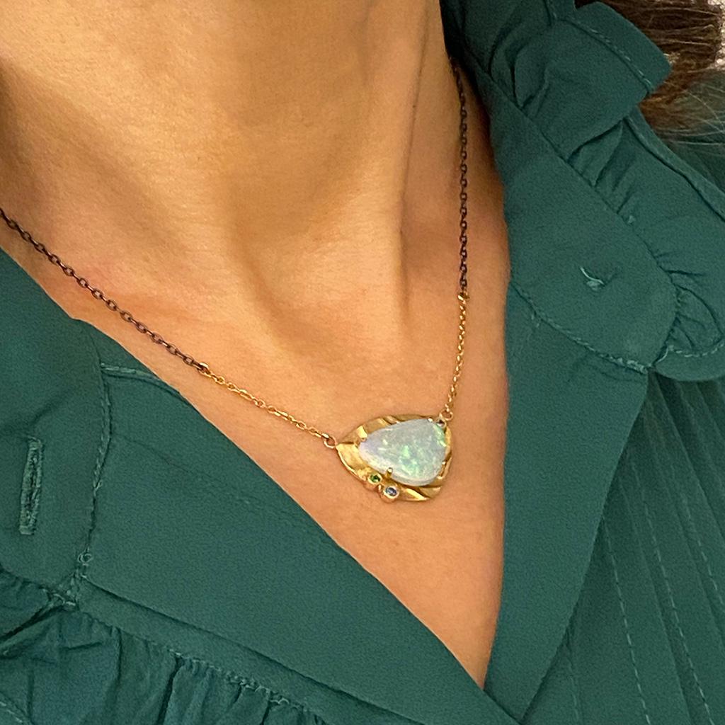 Cabochon Gold Monet Necklace featuring a 5.67 Carat Australian White Opal from K.Mita
