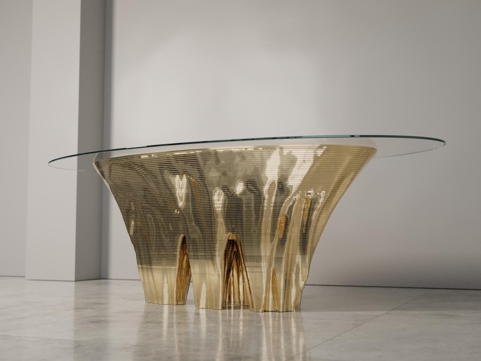 Gold monument valley dining table by Duffy London
Limited edition
Dimensions: W 270 x D 120 x H 75 cm
Materials: marble, glass.
Also available: various marble finishes available upon request.

The monument valley dining table is limited to 25