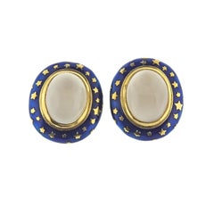 Gold Moonstone Enamel Star Earrings