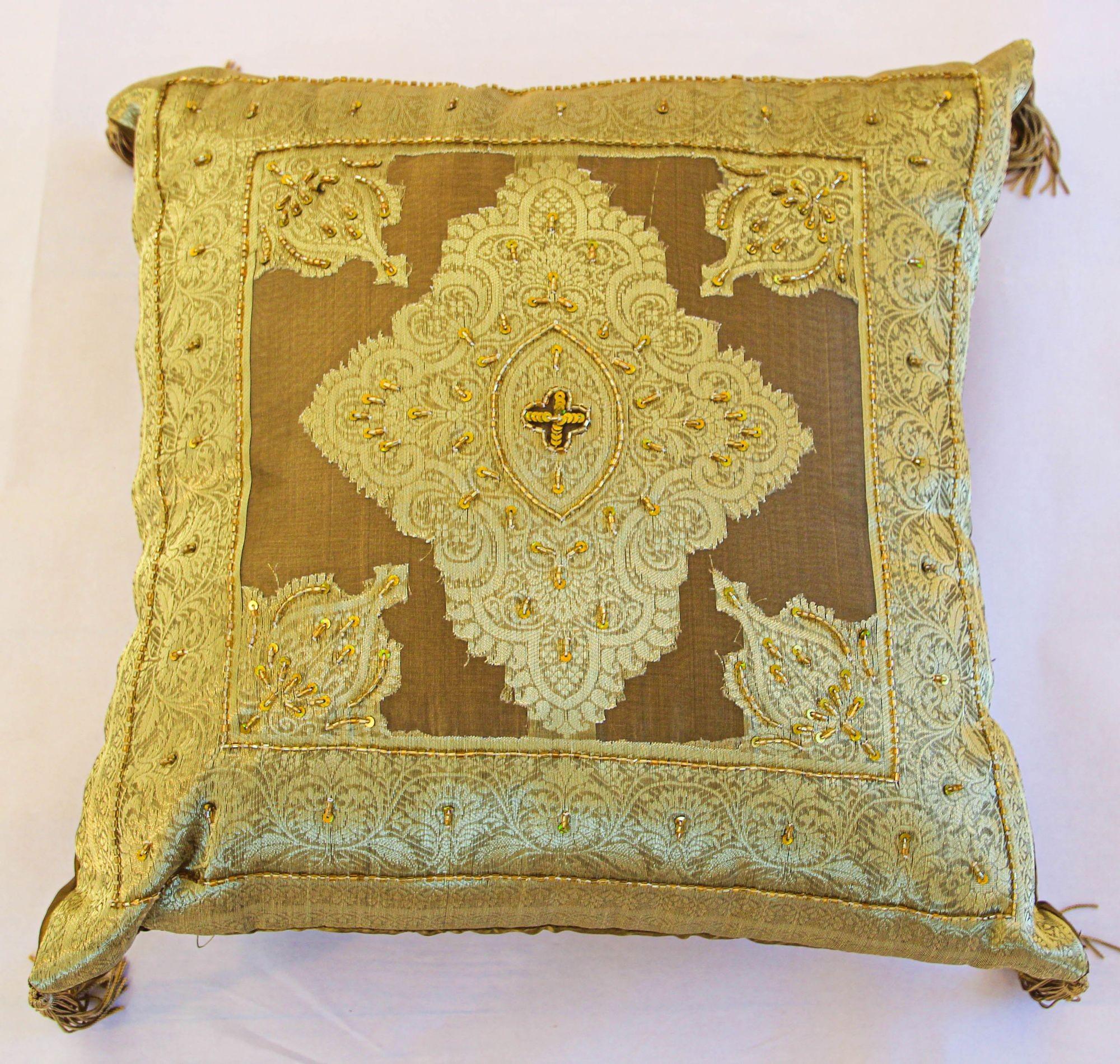 Indian Gold Moorish throw Pillows Embellished with Sequins and Beads a Pair For Sale