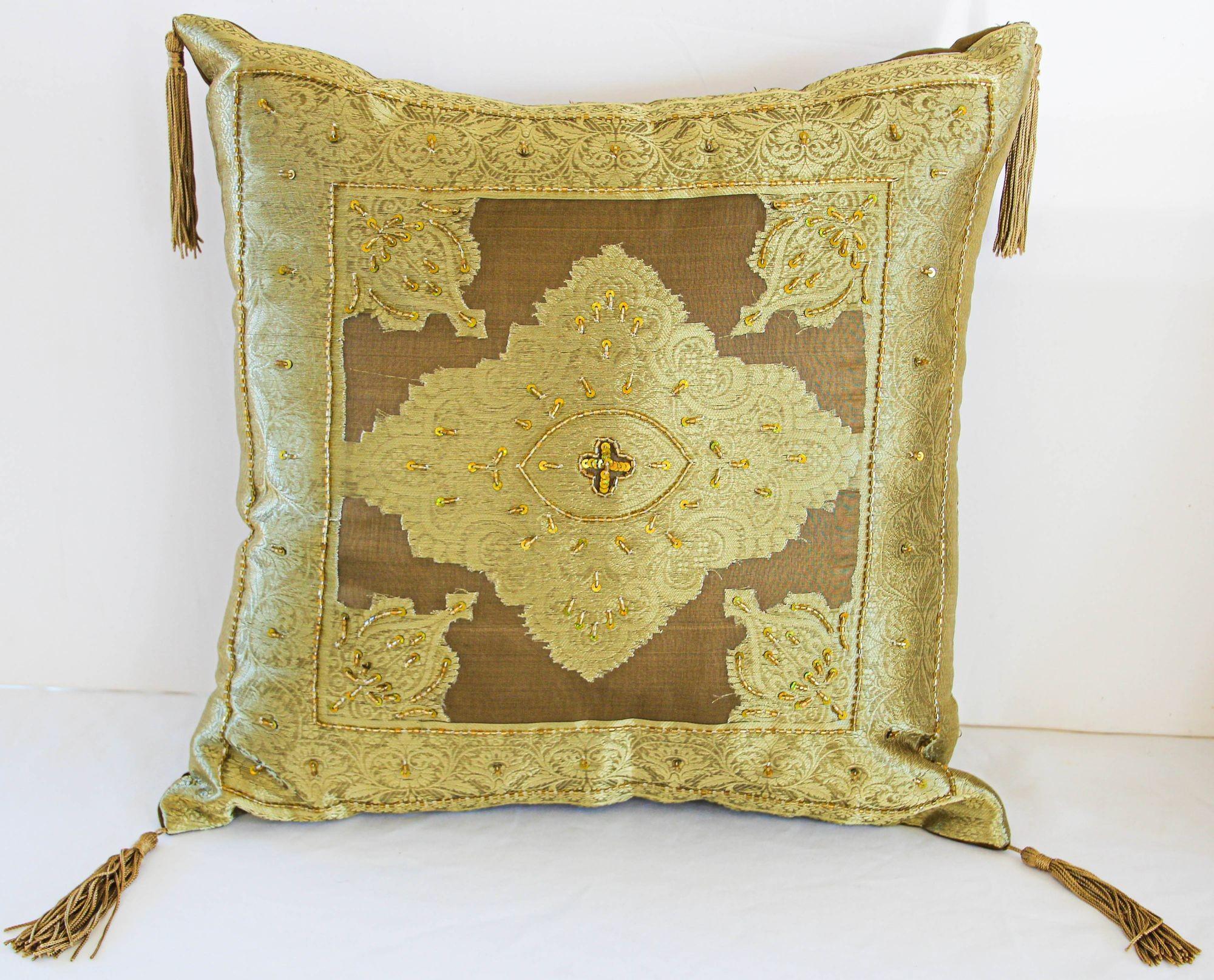 Appliqué Gold Moorish throw Pillows Embellished with Sequins and Beads a Pair For Sale